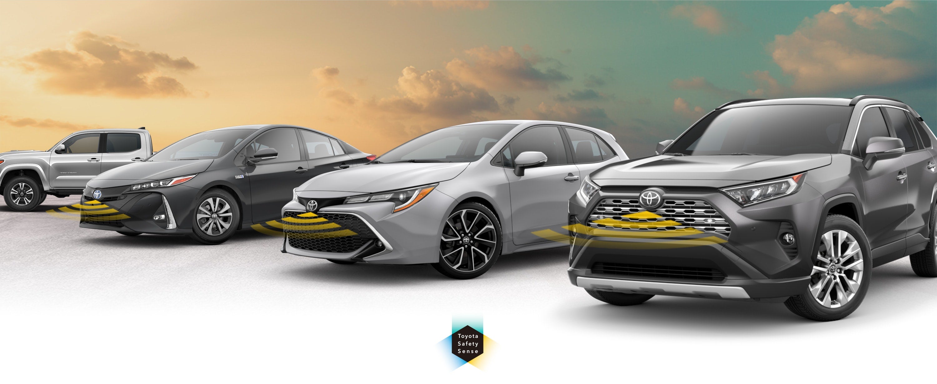 Toyota Safety Sense: Designed for Safety. Options shown on Toyota models including RAV4, Tacoma, and Camry, available now at Sunny King Toyota in Anniston AL.